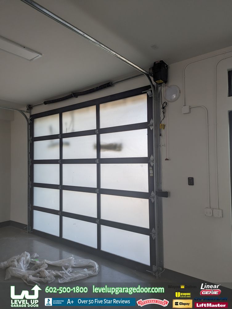 New white sectional garage door, interior view